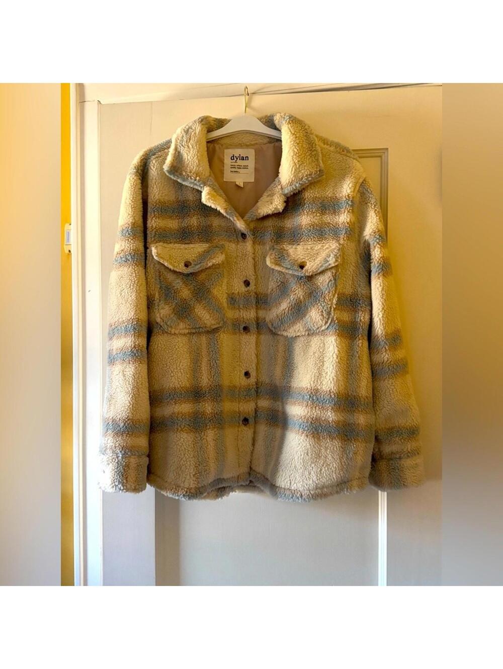 Dylan Shacket over shirt Sherpa Plaid Oatmeal Blue NWOT L